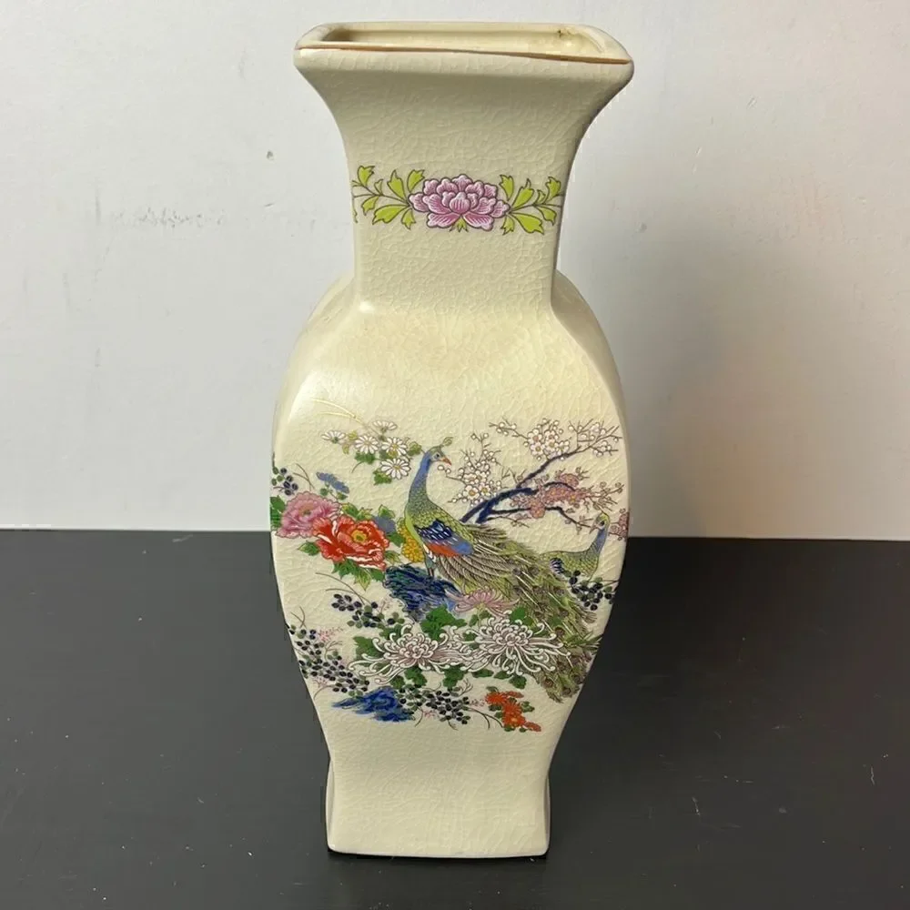 Vintage Multicolor Floral Japanese Vase with Peacock 12”
